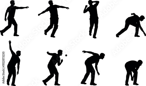 Set of black silhouettes representing men playing lawn bowls or bocce ball in various poses including throwing aiming and crouching on white