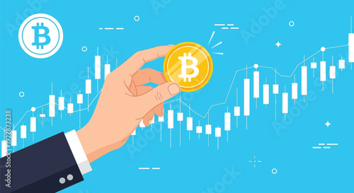 A hand holds a Bitcoin coin against a blue background with a candlestick chart, symbolizing cryptocurrency investment and market trends.
