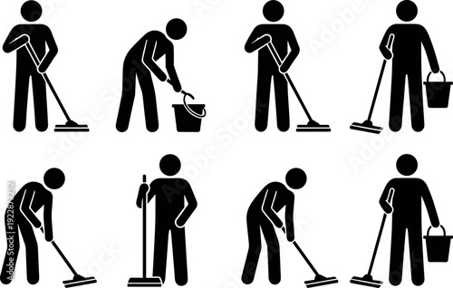 Set of cleaning service icons featuring stick figures mopping floor dipping mop in bucket and professional janitor silhouettes isolated on white background