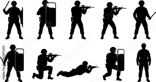 Vector collection of tactical swat police and soldier silhouettes with riot shields batons and assault rifles in combat poses for security design
