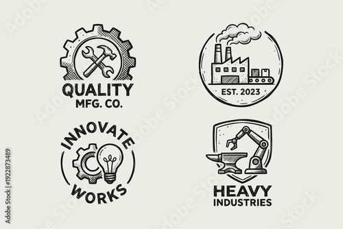 Set of Vintage Hand-Drawn Industrial Manufacturing Logos