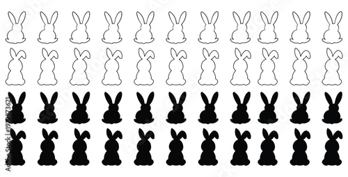 Collection of simple black and white bunny outlines and solid silhouettes arranged neatly in rows for Easter crafting or festive decoration purposes