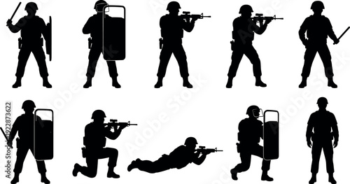 Vector set of black silhouettes featuring military soldiers and riot police officers with rifles shields and batons for security and tactical defense concepts