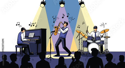 Illustration of a jazz band performing on stage with a lively audience on International Jazz Day, featuring a saxophonist, pianist, and drummer.