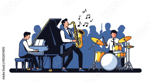 Illustration of musicians celebrating International Jazz Day with a pianist, saxophonist, and drummer performing together in a lively scene.