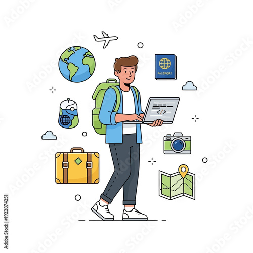 Digital nomad working remotely while traveling the world with essential items