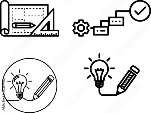 Illustrations of creative process, planning, and idea generation icons, brainstorming concept set, strategy workflow symbols, innovation line vector
