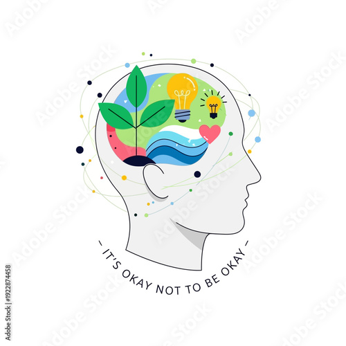 A human head silhouette containing symbols of growth thought and wellbeing