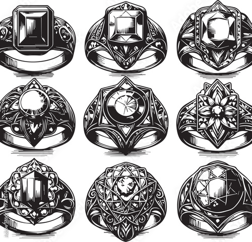 Jewellery Rings Vector in Black & White – Elegant Outline Line Art Illustration Set