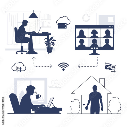 Remote work and virtual meetings connected through wireless technology illustrated