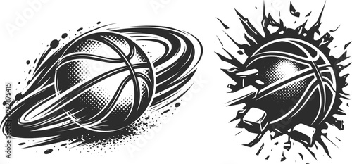 Basketball Action Set Illustration, Flaming Splash Impact Ball Icons.
