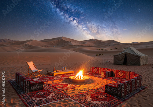 Arabian desert glamping campsite with campfire, red carpets and tent under the Milky Way starry night sky