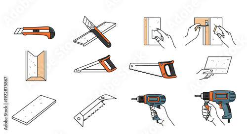 Set of 12 construction and renovation tools vector icons