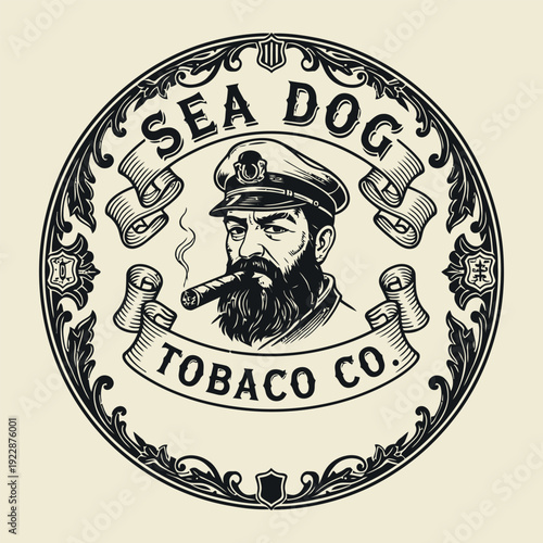 Bearded captain smoking a cigar, sea dog vintage badge template, classic nautical logo, engraved maritime illustration design