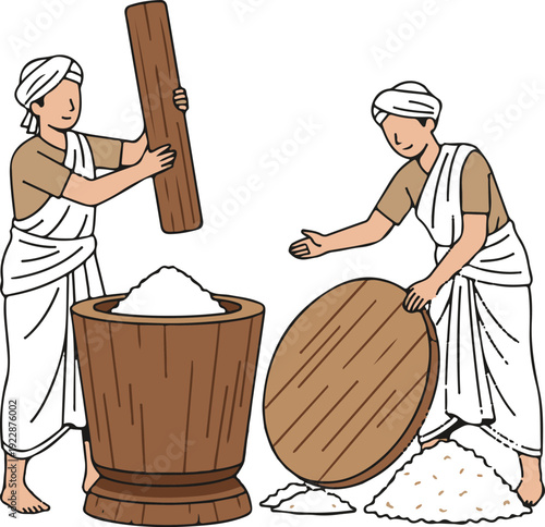 Illustration of traditional grain processing with two men using a large mortar and winnowing tray.