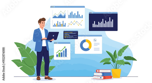 Man in a blue jacket views a laptop, surrounded by charts, graphs, and plants. Books stack in the corner, conveying a productive, analytical vibe.