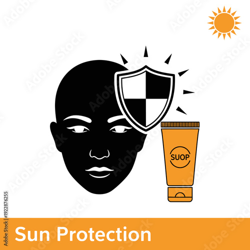 Sun protection illustration featuring a face shield and sunscreen tube