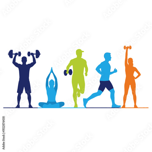 Silhouettes of people engaged in various fitness and exercise activities