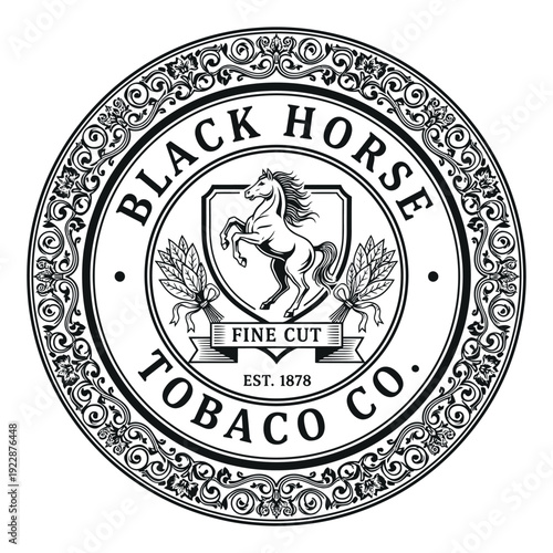Horse and shield vintage logo or badge template, retro tobacco label vector illustration, classic heraldic crest emblem design
