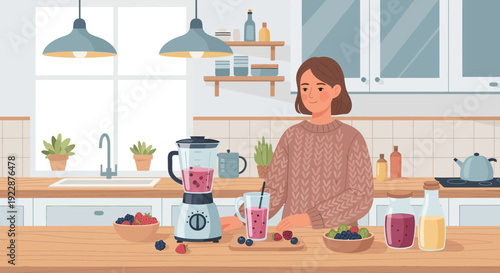 Woman preparing healthy berry smoothie in a modern kitchen.