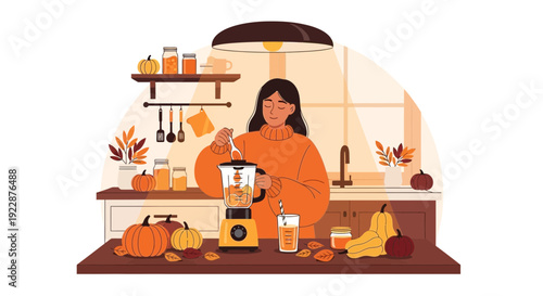 Woman preparing a healthy pumpkin smoothie in a blender at home.