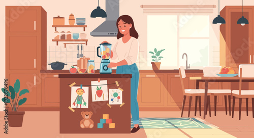 Woman preparing healthy smoothie in kitchen.