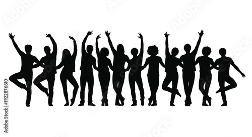 A line of silhouetted figures raising their arms in a celebratory pose