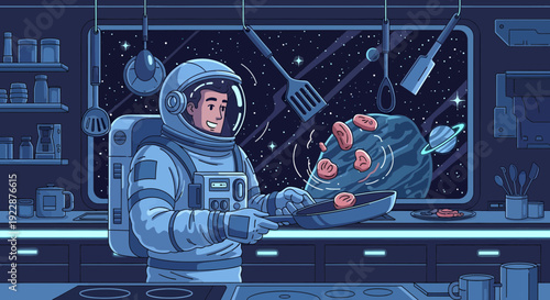 Astronaut cooking pizza in a futuristic space kitchen.