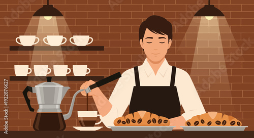 Barista preparing coffee and serving croissants in a cafe.