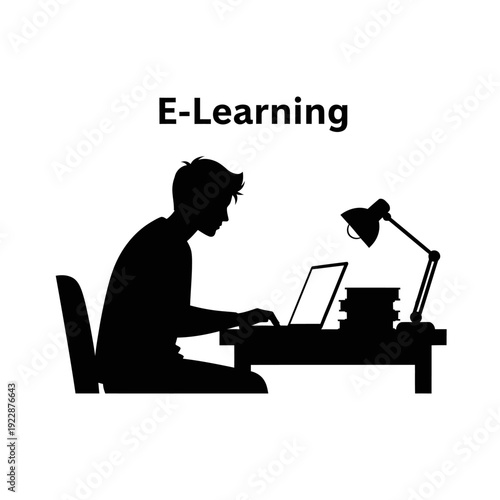 Silhouette of a student using a laptop at a desk for e learning