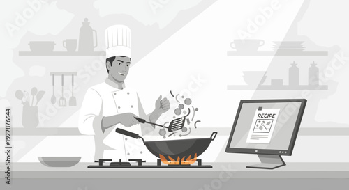 Chef cooking in a wok with a computer monitor displaying a menu.