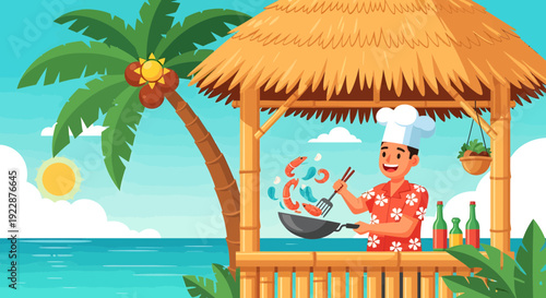 Chef cooking in a tropical beach hut.
