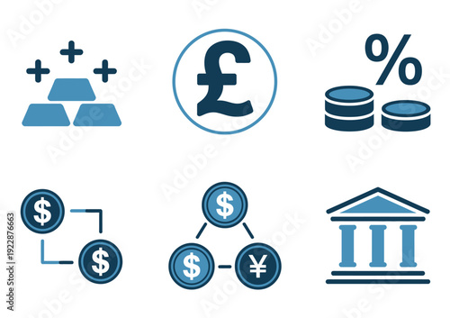 Collection of financial symbols and icons displayed in a vector graphic format