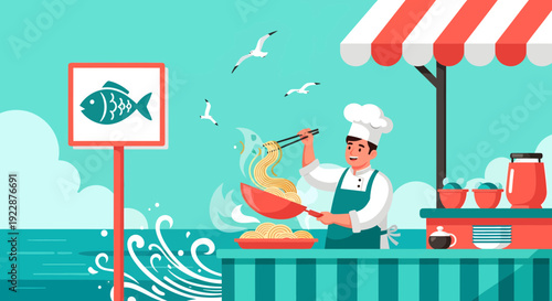 Chef cooking seafood at a vibrant seaside food stall.