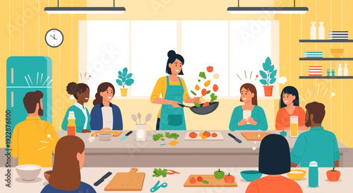 Diverse group of people learning to cook in a culinary class.