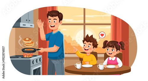 Father and children enjoying a happy breakfast together with dad flipping pancakes for his kids.