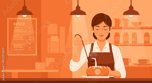 Female barista pouring cream on a coffee drink.