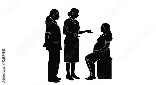 Silhouette of a pregnant woman consulting with two healthcare professionals