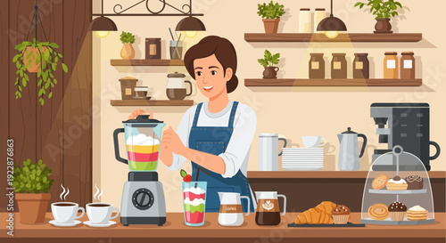 Female barista preparing a colorful smoothie in a blender at a cafe counter.