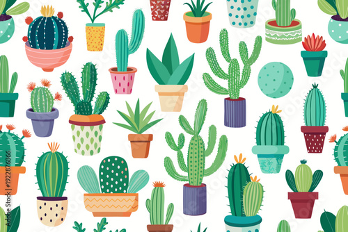 A colorful vector illustration of various cacti and succulents in pots on a white background