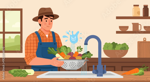 Farmer washing fresh vegetables in a colander under running water.