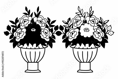 A minimalist black and white illustration of two flower vases with roses and leaves on a plain background
