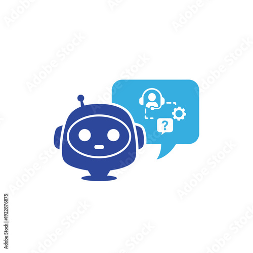 Blue robot icon with a speech bubble displaying user support symbols