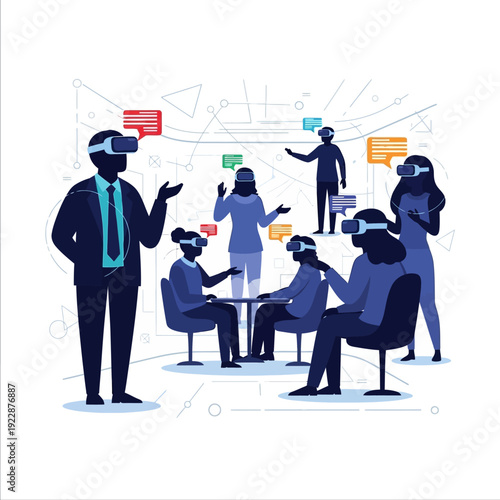 People interacting in a virtual reality meeting or presentation