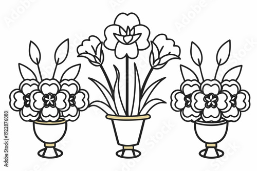 A minimalist line art illustration of three flower arrangements in decorative vases