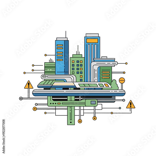 Stylized illustration depicting a futuristic smart city with integrated technology