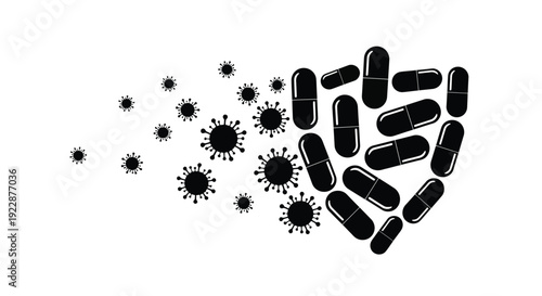 Pills and virus particles forming a heart shape black and white