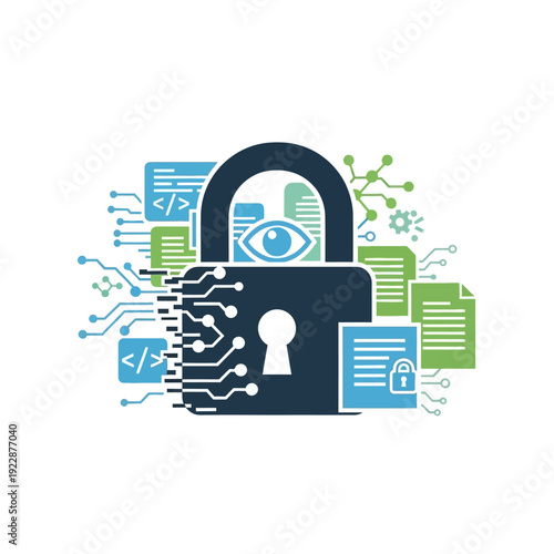 Digital security concept with a padlock code and data protection symbols