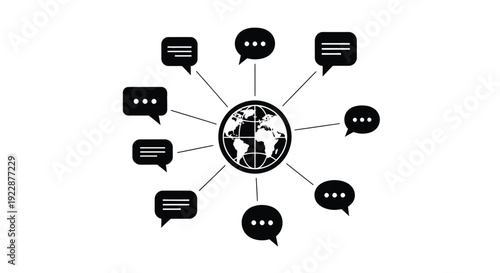 Global communication network illustrated with speech bubbles around the world