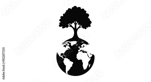 A silhouette of a tree growing from the earth and encompassing the world
